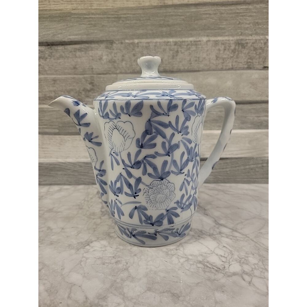 Vintage Pier 1 Imports 7" Tall White w/Blue Floral Design Porcelain Teapot